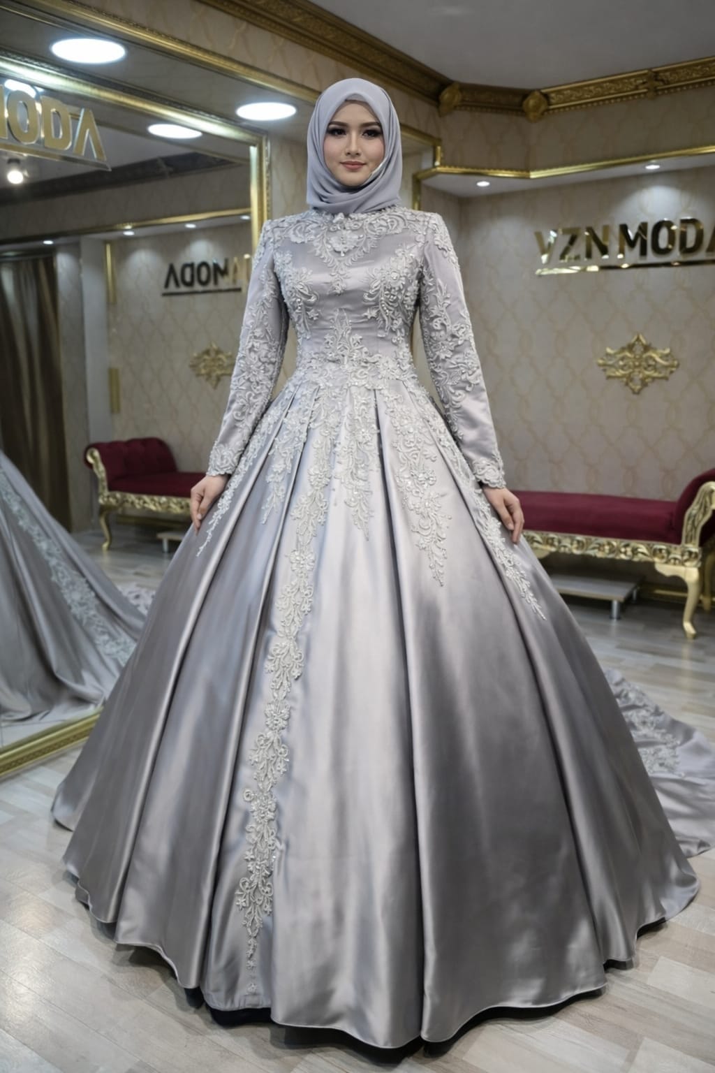 Elif gümüş saten tesettür abiye elbise a kesim kuyruklu - VznModa Elif-gumus-saten-tesettur-abiye-elbise-a-kesim-kuyruklu