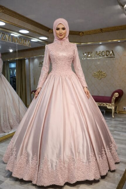 Nazende-pudra-saten-tesettur-a-kesim-nisan-abiye-elbise