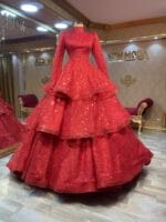 Ahuzar kırmızı nişanlık kınalık abiye elbise - VznModa ahuzar-kırmızı-tesettür-nişanlık-kınalık-payetli-kabarık