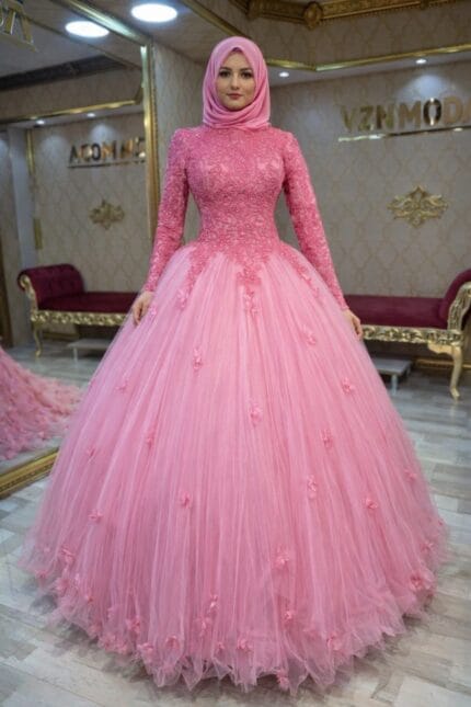 Dicle-pembe-tesettur-nisan-abiye-elbise-prenses