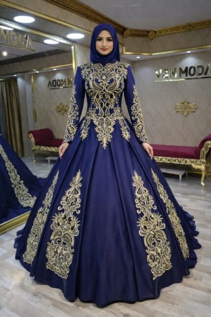 Esen-lacivert-saten-tesettur-nisan-kina-abiye-elbise-a-kesim-gold-dantel