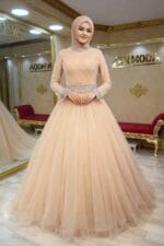 Fürüzan somon tesettür büyük beden nişan abiye elbise - VznModa Furuzan-somon-tesettur-buyuk-beden-nisan-abiye-elbise