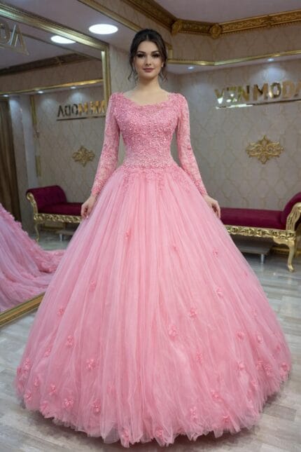 Gaye-pembe-prenses-nisan-abiye-elbise-kabarik-dantel-kol