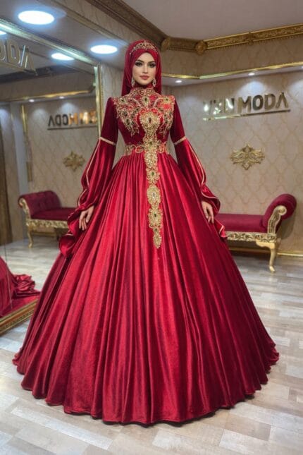 Gorkem-kirmizi-islemeli-tesettur-a-kesim-kaftan-kina-abiye-elbise