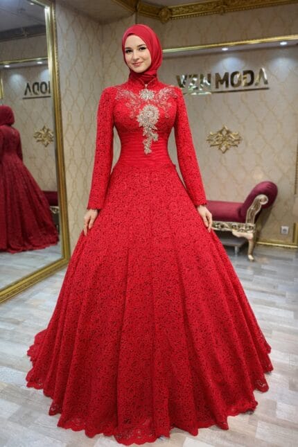 Lalezar-kirmizi-dantel-tesettur-nisan-kina-abiye-elbise