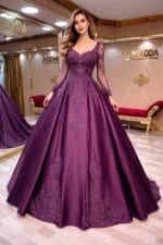 Selena-Buyuk-Beden-Kollu-A-kesim-Islemeli-Dantel-Nisan-Kina-Abiye-Elbise