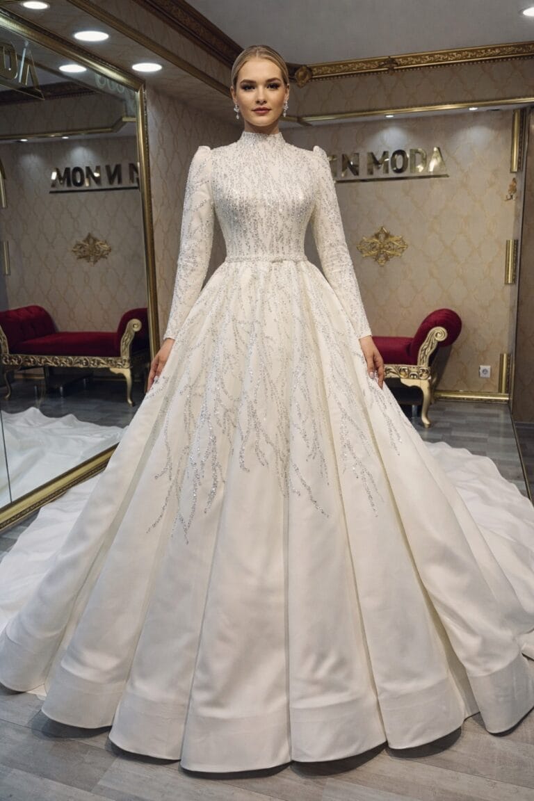 ahenk saten tesettür pileli platin işleme kuyruklu gelinlik - VznModa ahenk-saten-pileli-platin-işleme-tesettür-gelinik