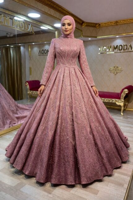 Pamuk-pudra-simli-tesettur-nisan-kina-abiye-elbise-a-kesim-pileli