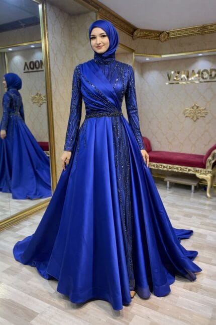 Gokce-saks-mavi-saten-helen-tesettur-nisan-abiye-elbise