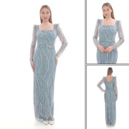 AHENKC - VznModa Ahenk-mint-kare-yaka-kollu-abiye-elbise