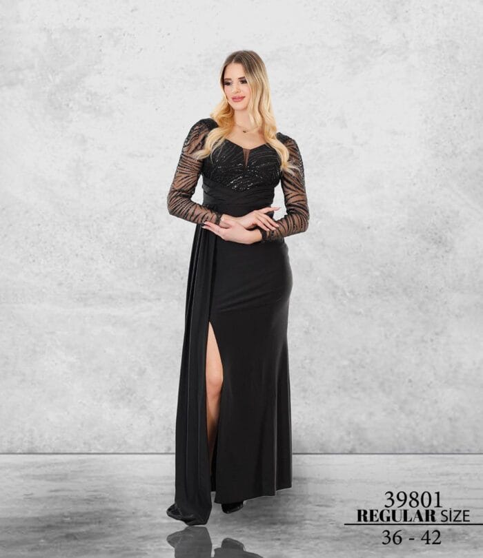 selin siyah balık abiye elbise - VznModa selin-siyah-uzun-kol-balık-abiye-elbise