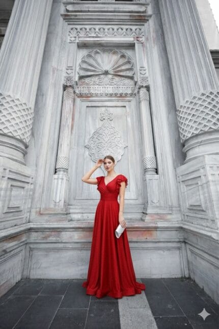 Hediye-kirmizi-simli-kisa-kol-abiye-elbise