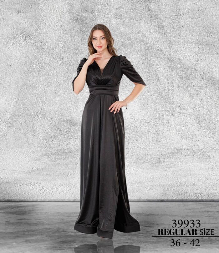 Selis saten siyah abiye elbise - VznModa selis-saten-siyah-kısa-kol-abiye-elbise
