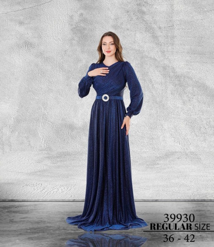 Semra saks tesettür abiye elbise - VznModa semra-saks-tesettür-simli-kumaş-taşlı-kemer-abiye-elbise