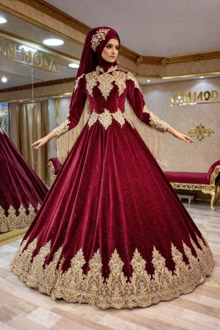 Sultan-Tesettur-Kinaik-Bordo-Kadife-A-kesim-Tarlatanli-gold-dantel