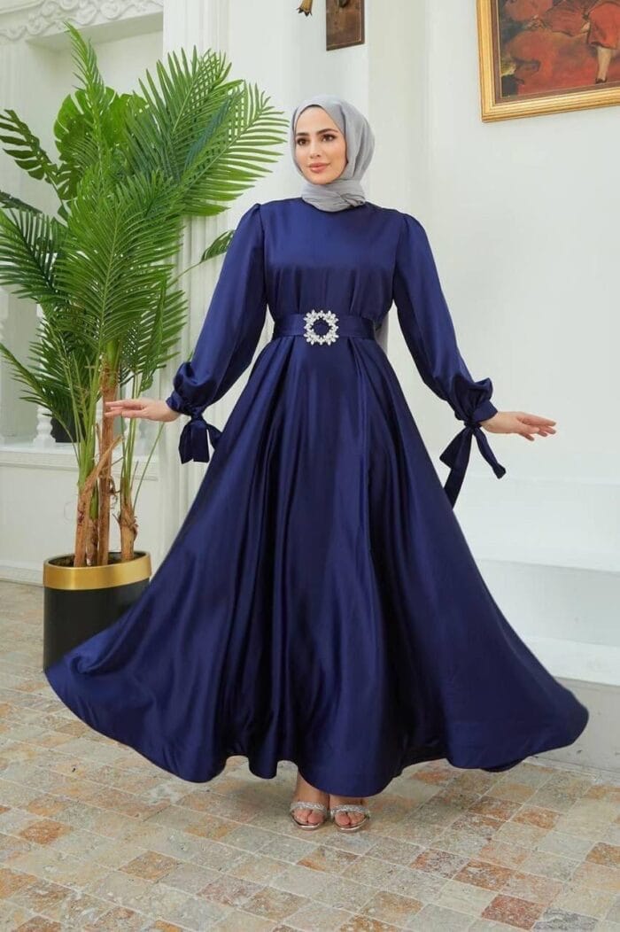 Peri lacivert saten tesettür abiye elbise - VznModa peri-lacivert-saten-tesettür-abiye-elbise