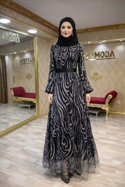 Hande-tesettur-siyah-gumus-abiye-elbise