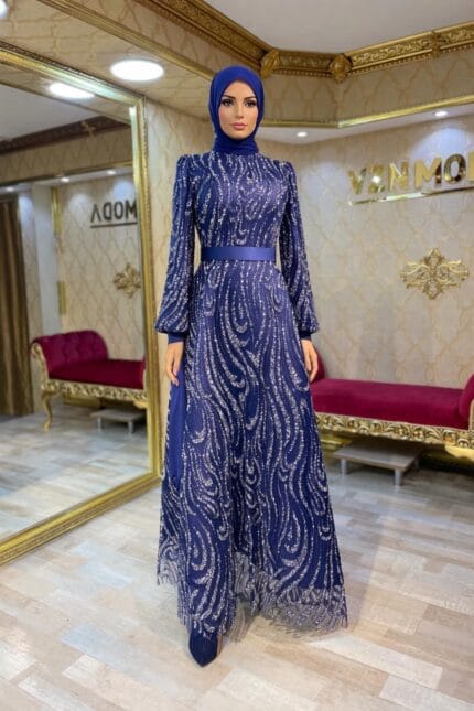 hande-tesettur-lacivert-gumus-abiye-elbise