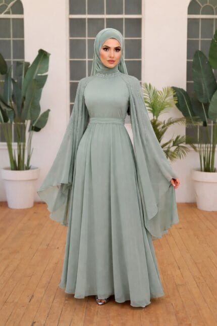 Lina-mint-yesili-sifon-tesettur-pelerinli-abiye-elbise