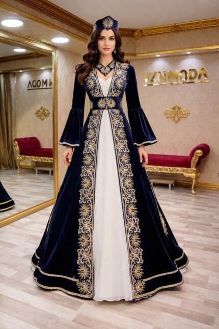 Sahmaran-Kaftan-Kinalik-Lacivert-Gold-Isleme-Helen