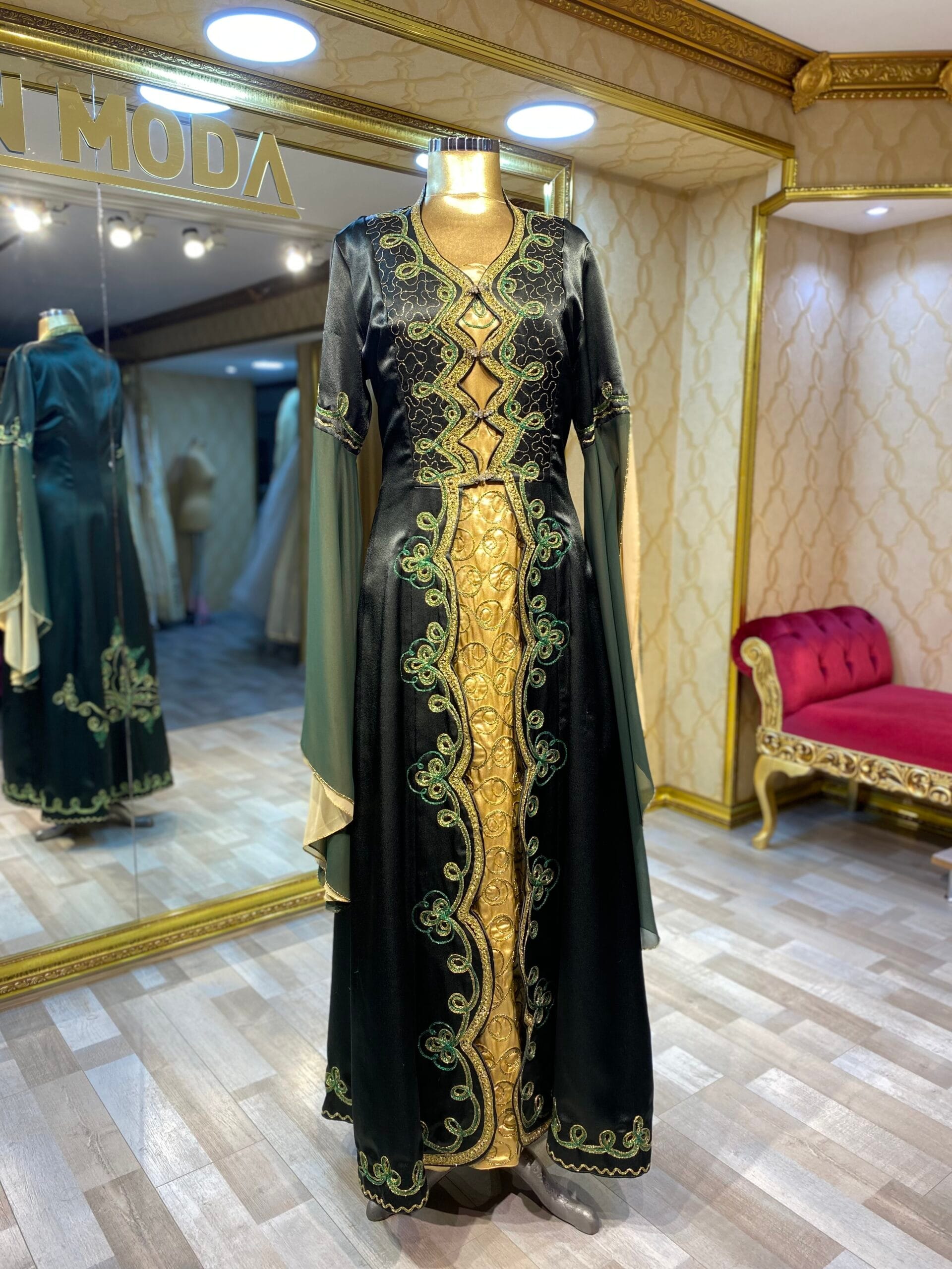Sıla yeşil gold nakışlı bindallı abiye elbise - VznModa Sila-yesil-gold-nakisli-bindalli-abiye-elbise-scaled
