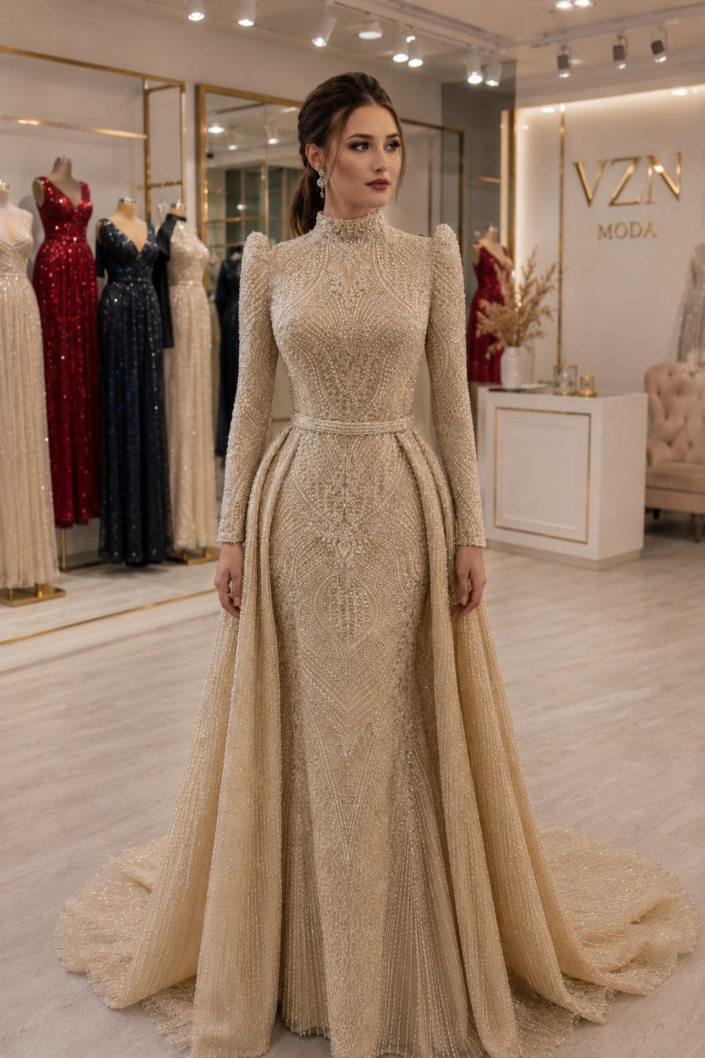 Afife Tesettür Bej Balık Dantel Nişanlık Abiye elbise - VznModa Afife-Tesettur-Bej-Balik-Dantel-Nisanlik-Abiye-elbise