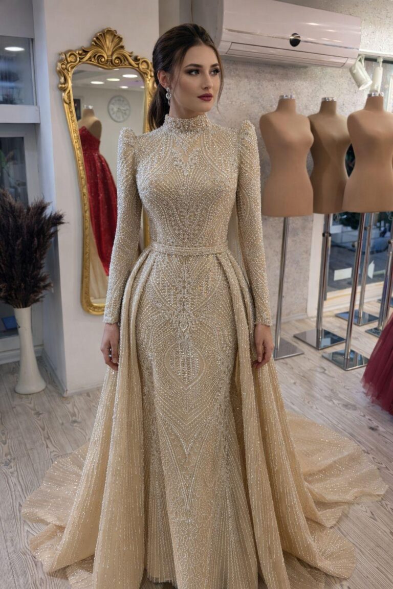 Afife Tesettür Bej Balık Dantel Nişanlık Abiyee elbise - VznModa Afife-Tesettur-Bej-Balik-Dantel-Nisanlik-Abiye-elbise
