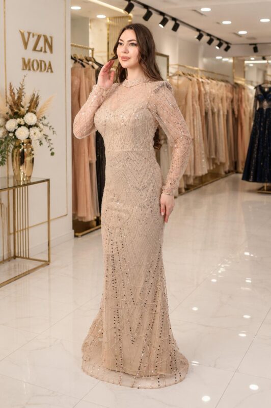 Birsu-Gold-balik-dantel-uzun-kol-abiye-elbise-36-38-40-42