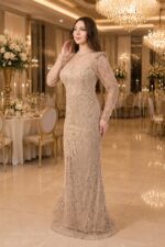 Birsu-Gold-balik-dantel-uzun-kol-abiye-elbise-36-38-40-42