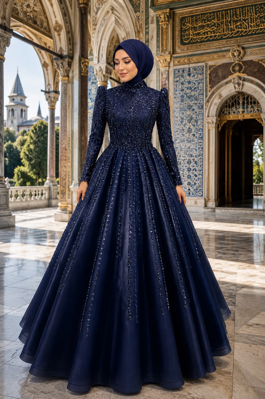Kapadokya Lacivert Tesettür Helen Nişanlık Abiye Elbise - VznModa Kapadokya-Lacivert-Tesettur-Helen-Nisanlik-Abiye-Elbise