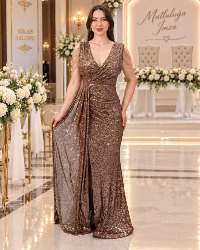 Woman in a bronze sequin evening gown posing in an ornate wedding venue with white flowers and gold decor.
