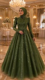 Pamukkale Yağ Yeşili Tesettür Helen Nişanlık Abiye Elbisee - VznModa Pamukkale-Yag-Yesili-Tesettur-Helen-Nisanlik-Abiye-Elbise