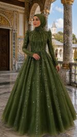 Pamukkale Yağ Yeşili Tesettür Helen Nişanlık Abiyee Elbise - VznModa Pamukkale-Yag-Yesili-Tesettur-Helen-Nisanlik-Abiye-Elbise