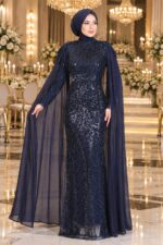 Fulya Lacivert Tesettür Dantel Pelerinli Abiye Elbise - VznModa Fulya-Lacivert-Tesettur-Dantel-Pelerinli-Abiye-Elbise