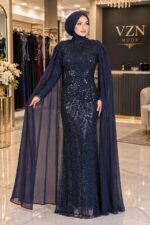 Fulya Lacivert Tesettür Dantel Pelerinlii Abiye Elbise - VznModa Fulya-Lacivert-Tesettur-Dantel-Pelerinli-Abiye-Elbise