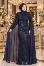 Fulya Lacivert Tesettür Dantell Pelerinli Abiye Elbise - VznModa Fulya-Lacivert-Tesettur-Dantel-Pelerinli-Abiye-Elbise