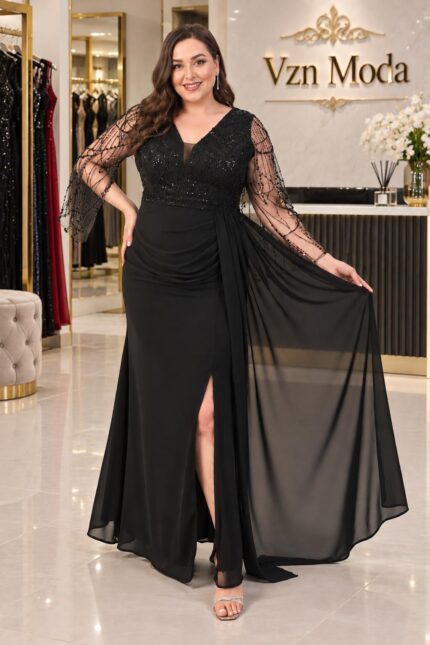 Hercai-siyah-buyuk-beden-dantel-sifon-abiye-elbise